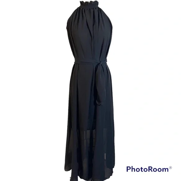 ❤️ ONE LEFT! NWOT! Black Chiffon Halter Maxi Dress With Sash - Picture 2 of 5